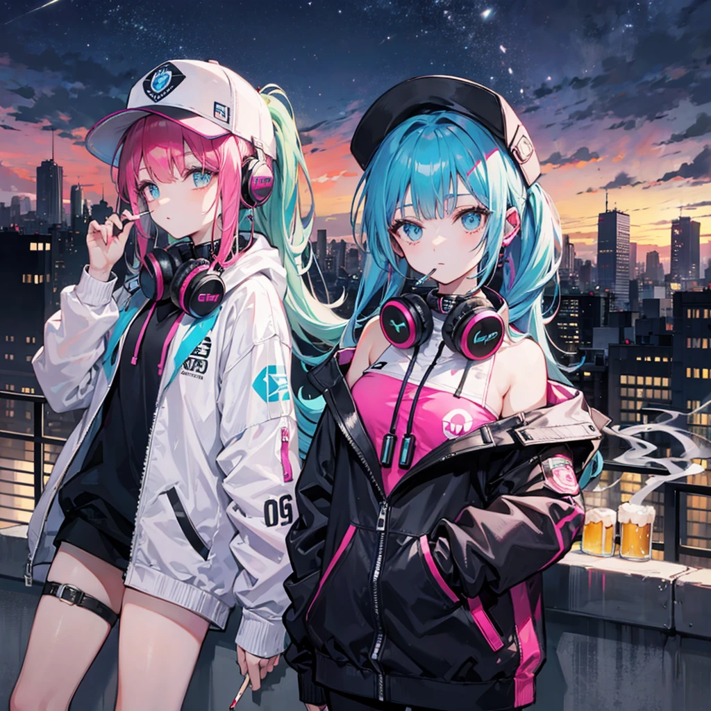 ((((Smoke a cigarette Put your headphones around your neck)))) (((Neon color pink and blue hair ponytail Wear a hat Off-the-shoulder hoodies Place the beer cans))) ((cyber punk Earrings rooftop City of night)) (Shining Moon Shining Background)