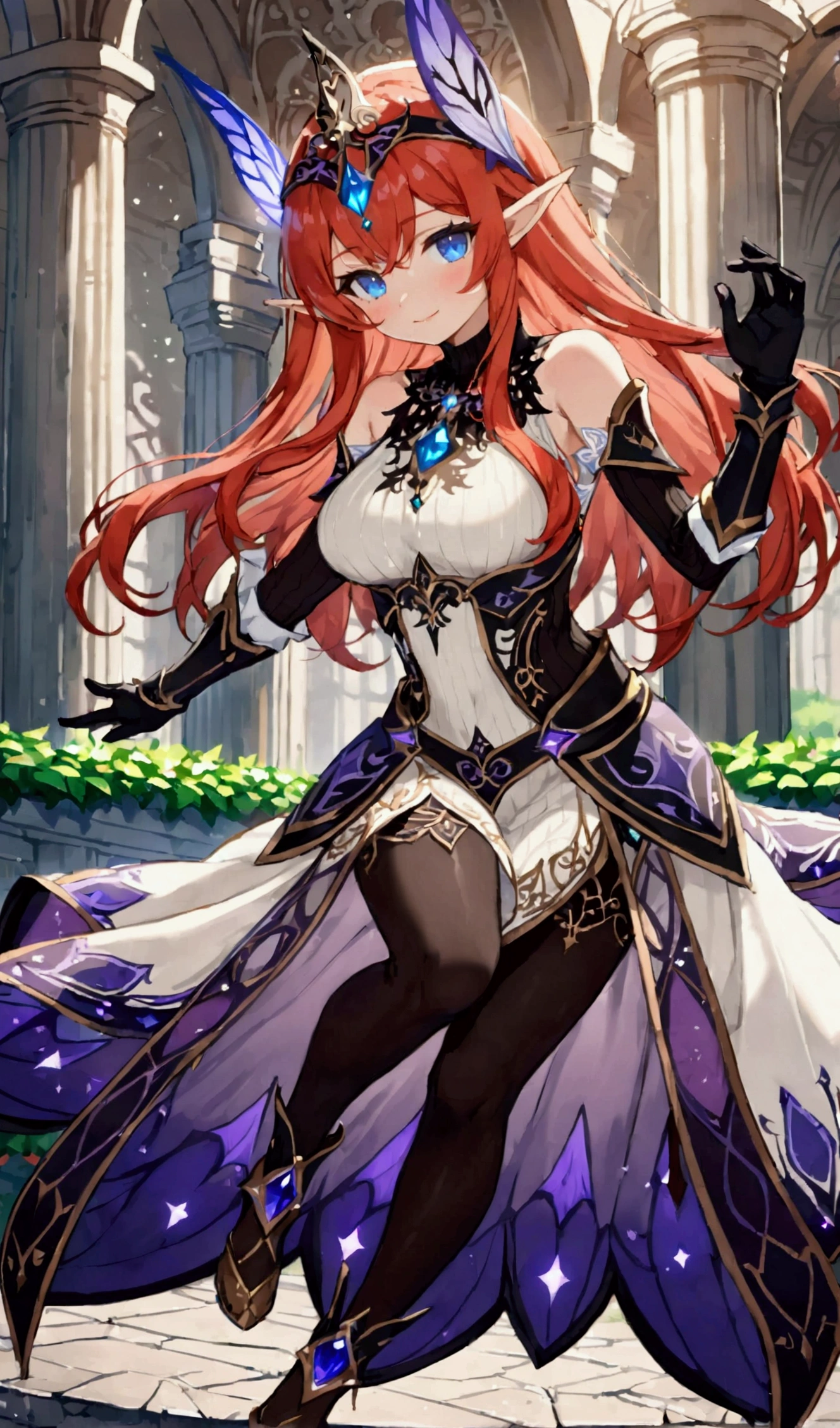 red hair girl, masterpiece, best quality, very aesthetic, absurdres,newest, anime style, seductive smile, long hair, straight hair, HairDetailer, (sleeveless sweater black and white full body ethereal mage dress armor with black gloves:1.3)), (((Beautifully decorated costumes that are intricate and delicate.:1.4))), (mini skirt), (White accessories:1.3), (hair ornament:1.3), ((perfect curves)), (puffy breasts), (shiny skin, skinny, slender body:1.4), (glows deep sapphire blue eyes:1.2), (gradient eyes:1.2), (symmetrical eyes:1.2), (big highlight on eyes:1.3), strong eyeliner and eyelashes, BeautifulEye, black leggings under shorts, slim waist, navel, dynamic angle, stylish pose, GoodHands, (monster girl), delicate, pure, mystical, intricate, surreal,  elf, Cute, Adorable, intricate, Add Detail, 