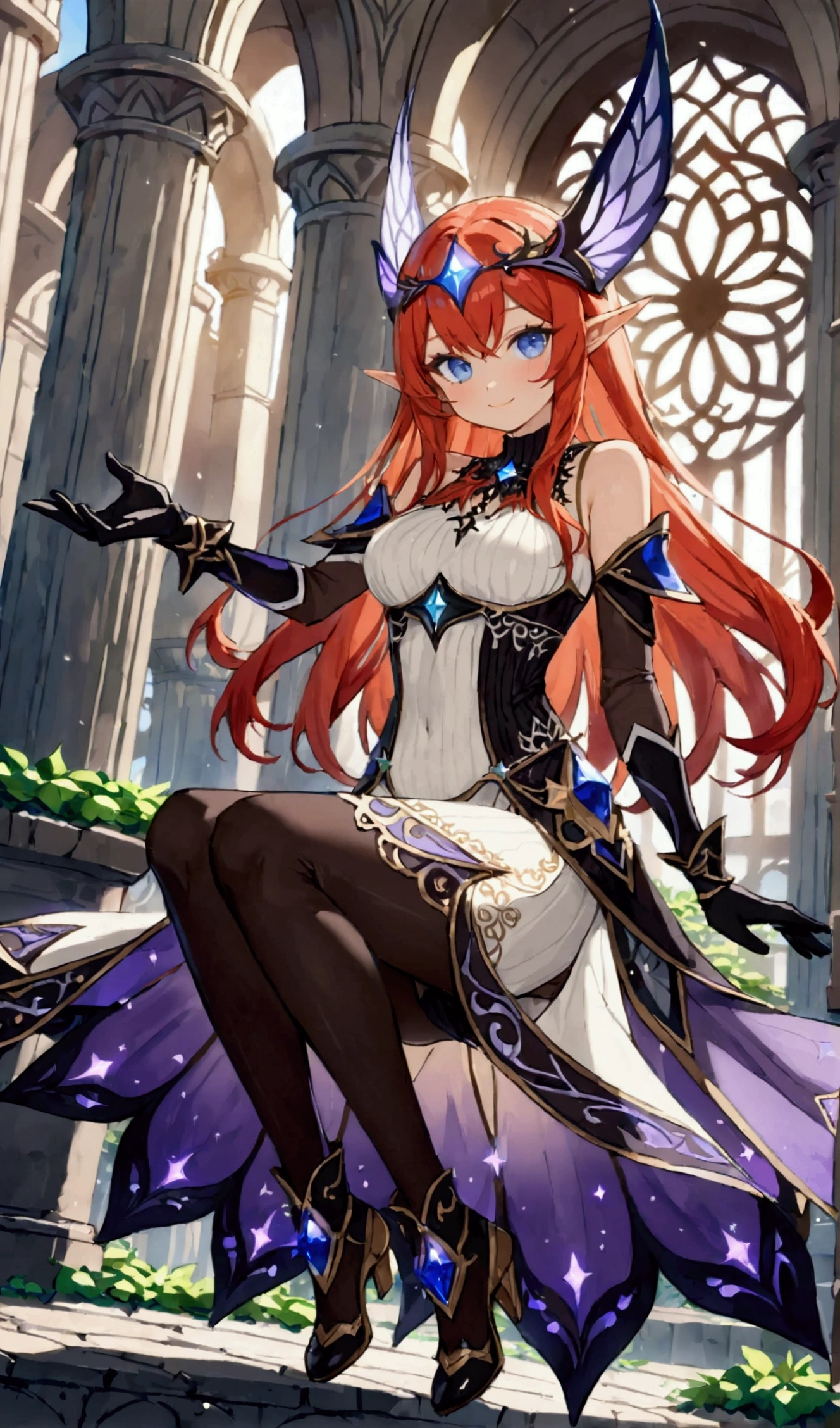 red hair girl, masterpiece, best quality, very aesthetic, absurdres,newest, anime style, seductive smile, long hair, straight hair, HairDetailer, (sleeveless sweater black and white full body ethereal mage dress armor with black gloves:1.3)), (((Beautifully decorated costumes that are intricate and delicate.:1.4))), (mini skirt), (White accessories:1.3), (hair ornament:1.3), ((perfect curves)), (puffy breasts), (shiny skin, skinny, slender body:1.4), (glows deep sapphire blue eyes:1.2), (gradient eyes:1.2), (symmetrical eyes:1.2), (big highlight on eyes:1.3), strong eyeliner and eyelashes, BeautifulEye, black leggings under shorts, slim waist, navel, dynamic angle, stylish pose, GoodHands, (monster girl), delicate, pure, mystical, intricate, surreal,  elf, Cute, Adorable, intricate, Add Detail, 