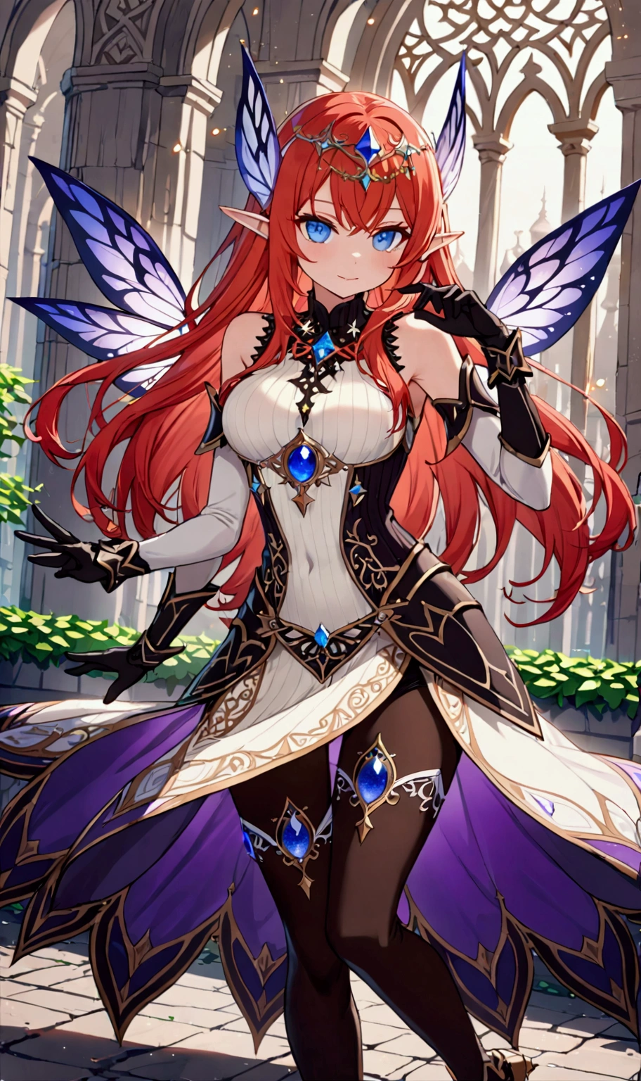 red hair girl, masterpiece, best quality, very aesthetic, absurdres,newest, anime style, seductive smile, long hair, straight hair, HairDetailer, (sleeveless sweater black and white full body ethereal mage dress armor with black gloves:1.3)), (((Beautifully decorated costumes that are intricate and delicate.:1.4))), (mini skirt), (White accessories:1.3), (hair ornament:1.3), ((perfect curves)), (puffy breasts), (shiny skin, skinny, slender body:1.4), (glows deep sapphire blue eyes:1.2), (gradient eyes:1.2), (symmetrical eyes:1.2), (big highlight on eyes:1.3), strong eyeliner and eyelashes, BeautifulEye, black leggings under shorts, slim waist, navel, dynamic angle, stylish pose, GoodHands, (monster girl), delicate, pure, mystical, intricate, surreal,  elf, Cute, Adorable, intricate, Add Detail, 