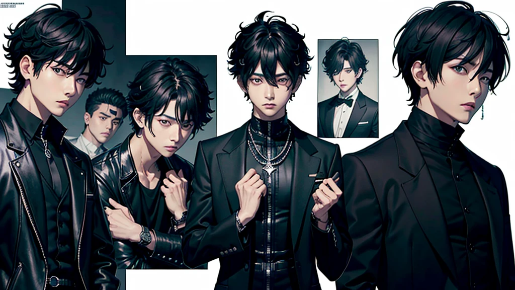 arafed male in a black jacket and a black shirt, jungkook, cai xukun, glossy from rain, hyung tae, style of kentaro miura!!!!, taejune kim, wonbin lee, tetsuya nomura, beads cross onbare chest, jinyoung shin, for gq, in style of kentaro miura, kentaro miura style