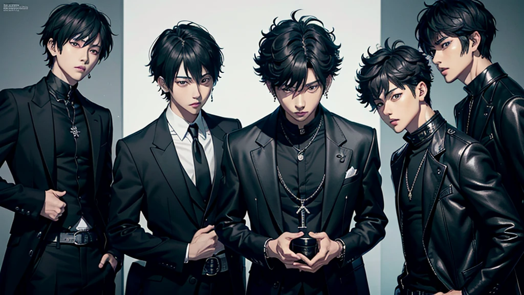 arafed male in a black jacket and a black shirt, jungkook, cai xukun, glossy from rain, hyung tae, style of kentaro miura!!!!, taejune kim, wonbin lee, tetsuya nomura, beads cross onbare chest, jinyoung shin, for gq, in style of kentaro miura, kentaro miura style