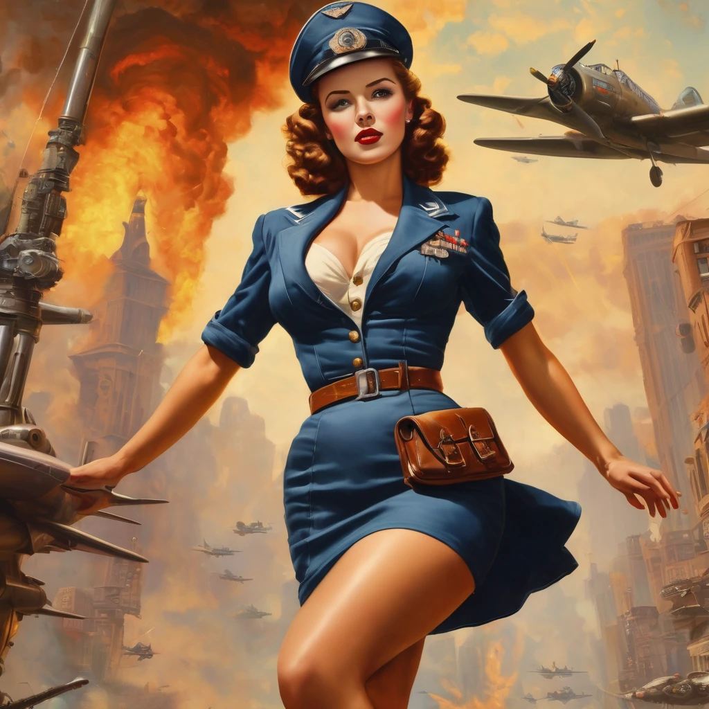 A BEAUTIFUL world war 40'S PIN UP, INTRICATE DETAILS, HYPER-REALISTIC, VARGAS, retro futuristic BACKGROUND, dynamic pose,