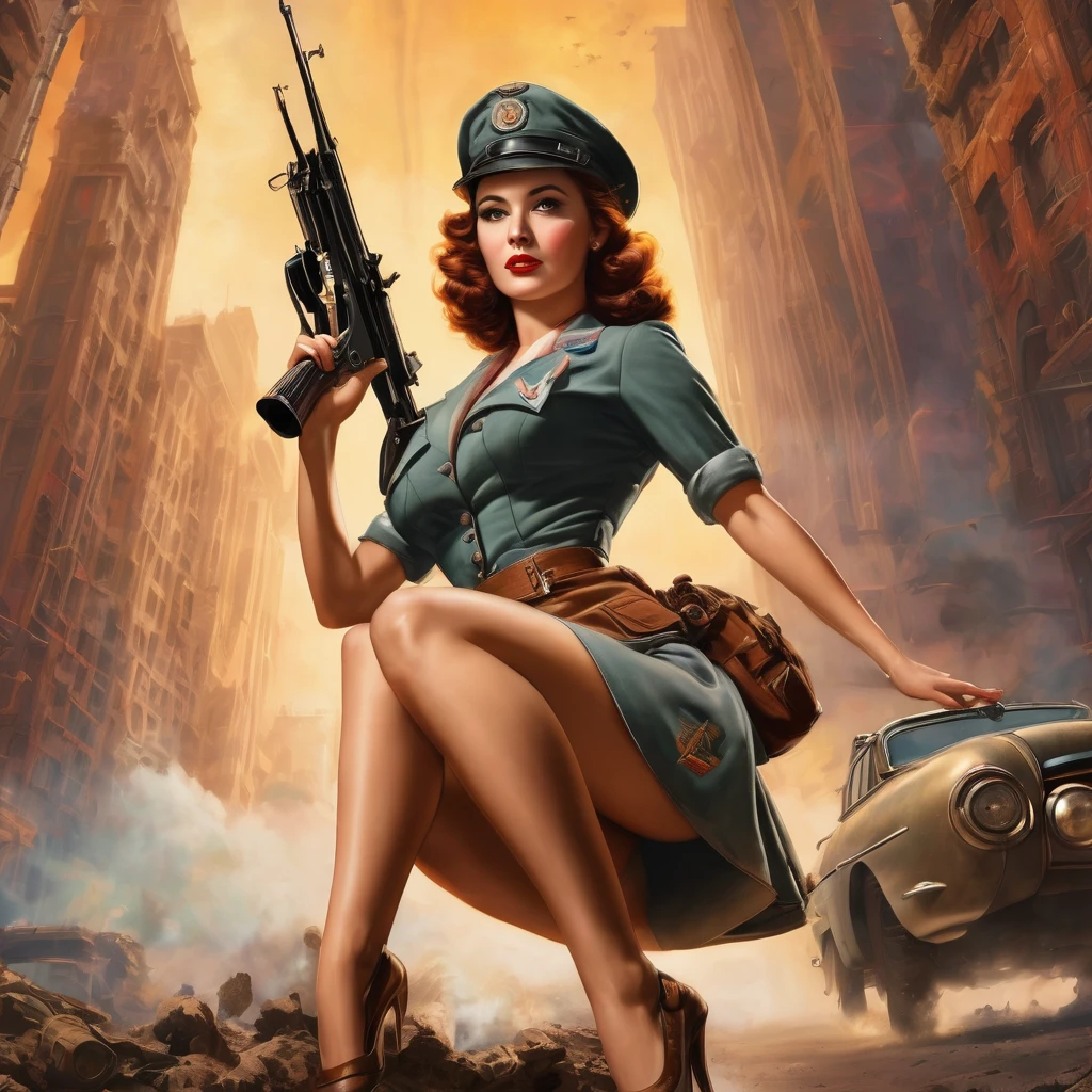 A BEAUTIFUL world war 40'S PIN UP, INTRICATE DETAILS, HYPER-REALISTIC, VARGAS, retro futuristic BACKGROUND,  dynamic pose,
