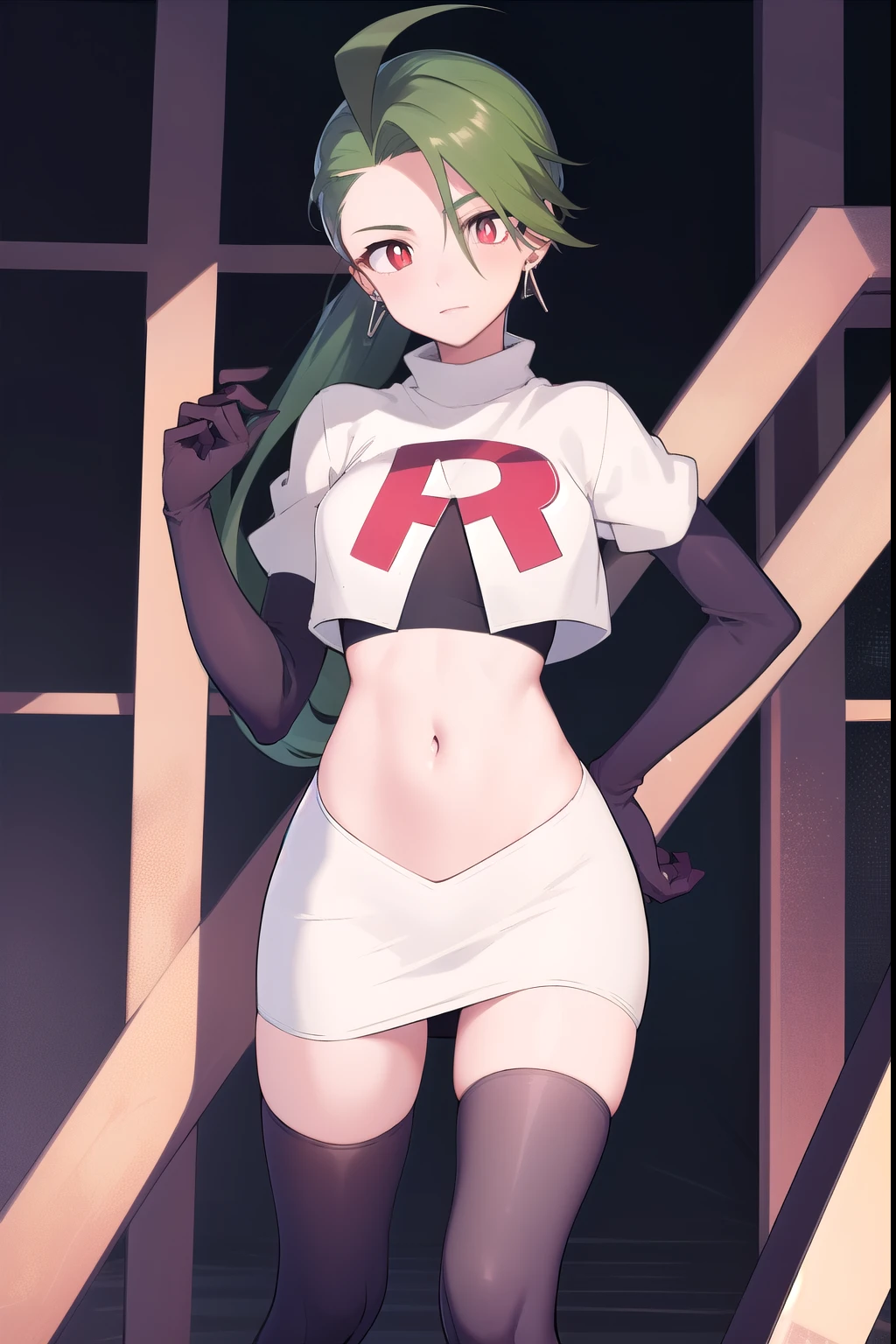 absurdres, best quality, 1girl, solo, eye focus, looking at viewer,  rika, ahoge, ponytail, bright pupils, white pupils, earrings, green hair, red eyes, bright pupils, team rocket,team rocket uniform,white skirt,red letter R,crop top,black thigh-highs,black elbow gloves