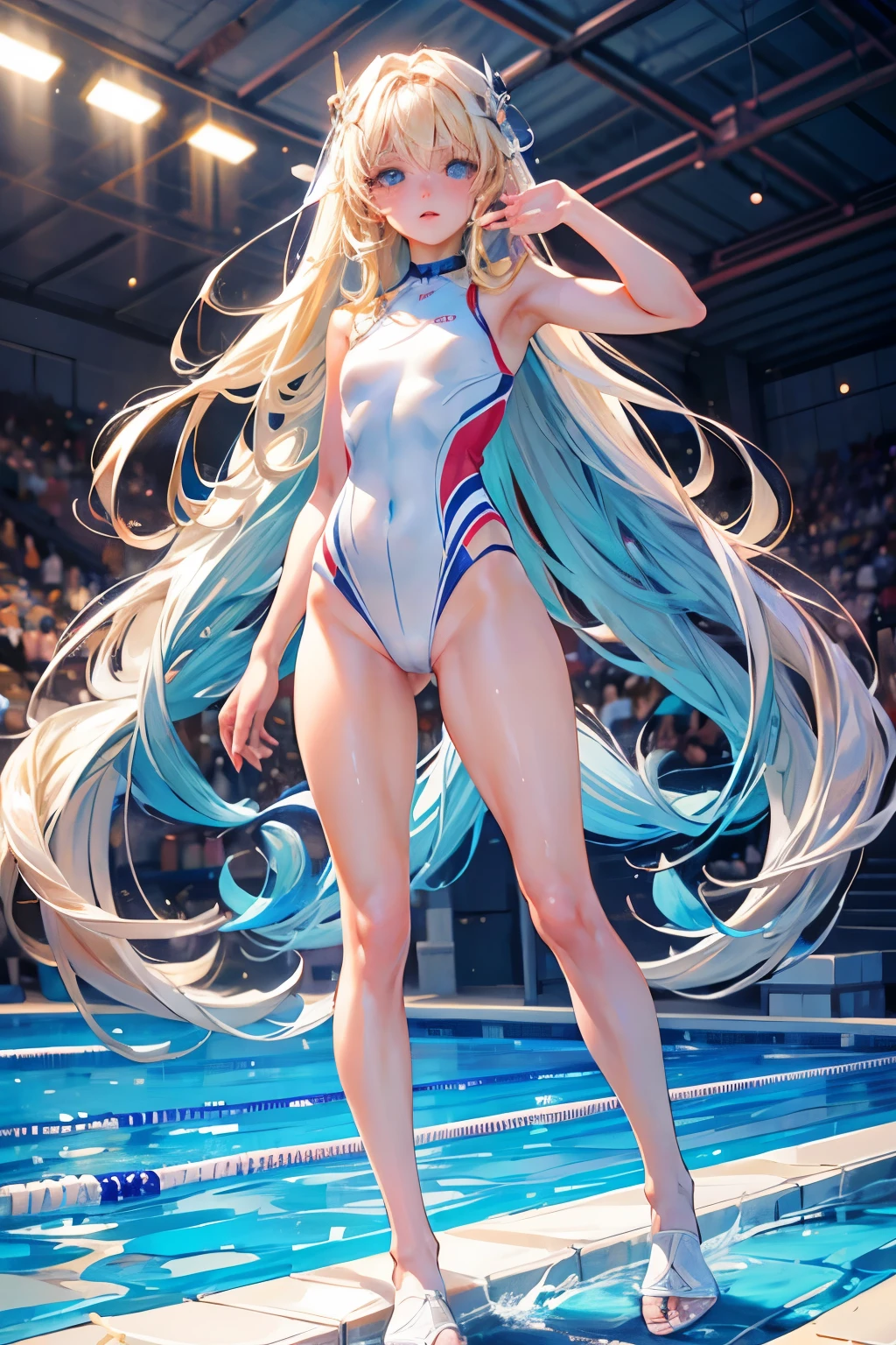 masterpiece,Highest quality,Very detailed,beautiful girl, teenager,Long blonde hair,Beautiful and detailed eyes,skinny,Small breasts, full body,Dynamic,White competitive swimsuit,Competition Pool