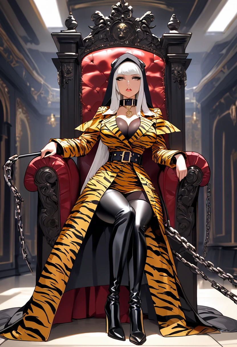 Femdom pretty hijab girl with huge breast, upper class, luxury, triad female leader, Known for her impeccable fashion sense and elegant demeanor, she is a true embodiment of the Versace brand. Her body language is as captivating as her style dressed tiger print rubber trench coat with (((dramatic high coat collar))), leather pants, overknee boots, elegant sit on big throne, holding a whip, in torture room with her slaves, worshiped by naked chained men