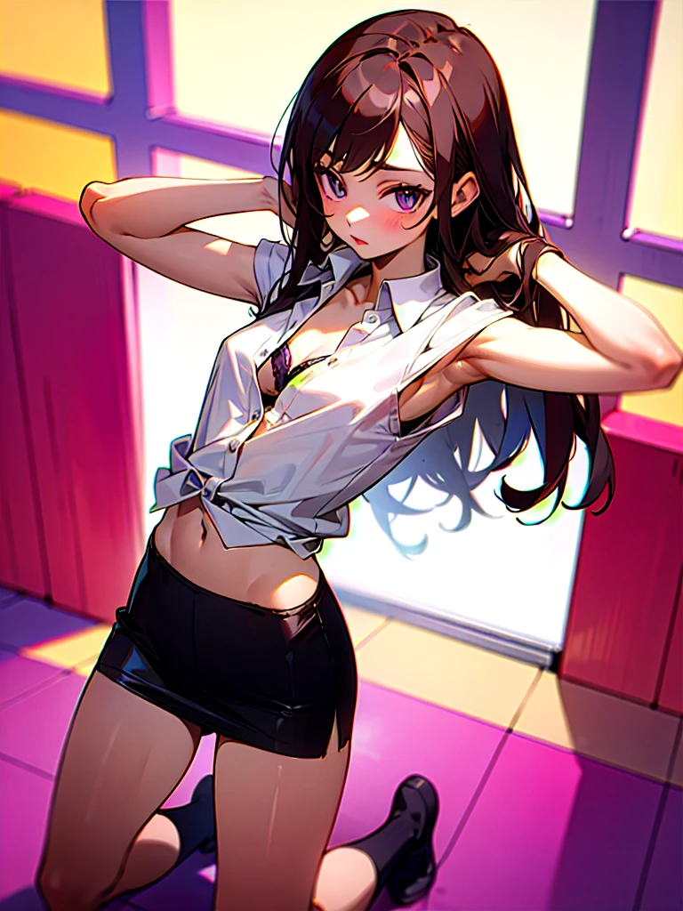 masterpiece, best quality, ultra detailed, 1girl, cute, microphone, realistic, underwear, (panties:1.5), Idol, standing, looking at viewer, (looking back:1.3), ( from behind:1.4), white tanktop,on stage, indoor, in public, (flat chest:1.3), straight hair, (two side up:1.2), blue eyes, smile, solo, Idol dress, holding microphone, upskirt, cowboy shot