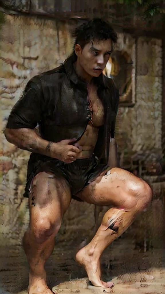 Raymond is a 236cm tall，Muscular giant。
• Long black hair，Hair tied casually into a ponytail • Sly and aggressive eyes，Flashing with danger • Broad jaw and thick lips，Showing his wild nature • His sturdy upper body is covered with tattoos，Obscene symbols are engraved on his exposed chest muscles. His sturdy legs support his huge body.，Wearing a pair of black leather shorts • Strong hands with veins exposed，Fingers neatly manicured but stained with various bodily fluids • Bare feet on the ground，Toenails are carefully trimmed
