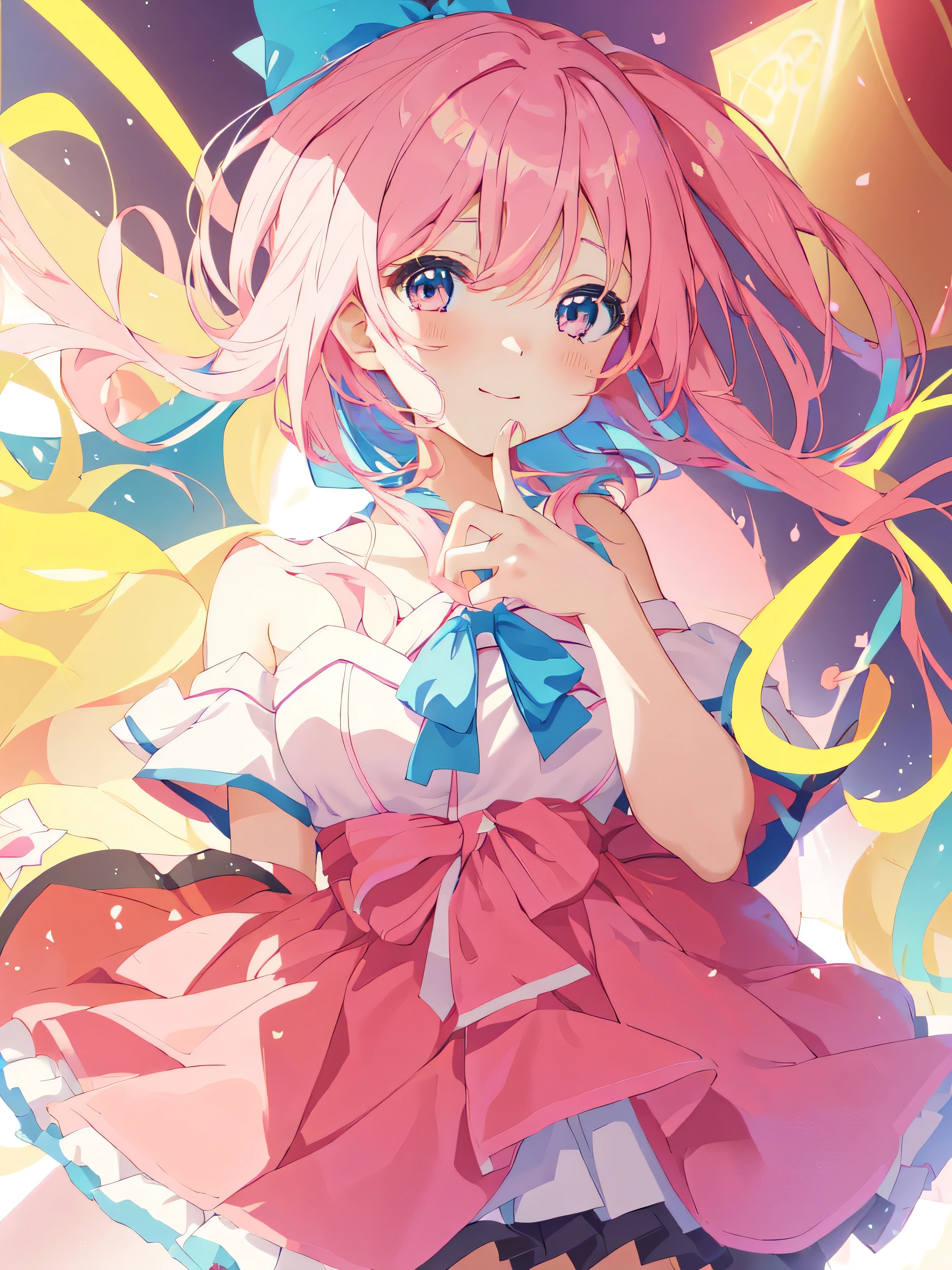 anime girl with pink hair and blue bow holding a cake, (anime girl), cute anime girl, young anime girl, anime visual of a cute girl, anime girl, anime moe artstyle, pretty anime girl, anime style 4 k, an anime girl, beautiful anime girl, splash art anime , anime wallaper, best anime 4k konachan wallpaper, cute, happy