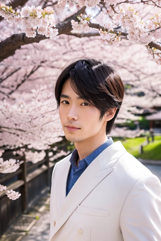 "A portrait of a handsome Japanese man, around 25 years old, traveling alone in Japan during spring. Background of cherry blossoms in full bloom. High detail, vibrant colors. Pose 1."