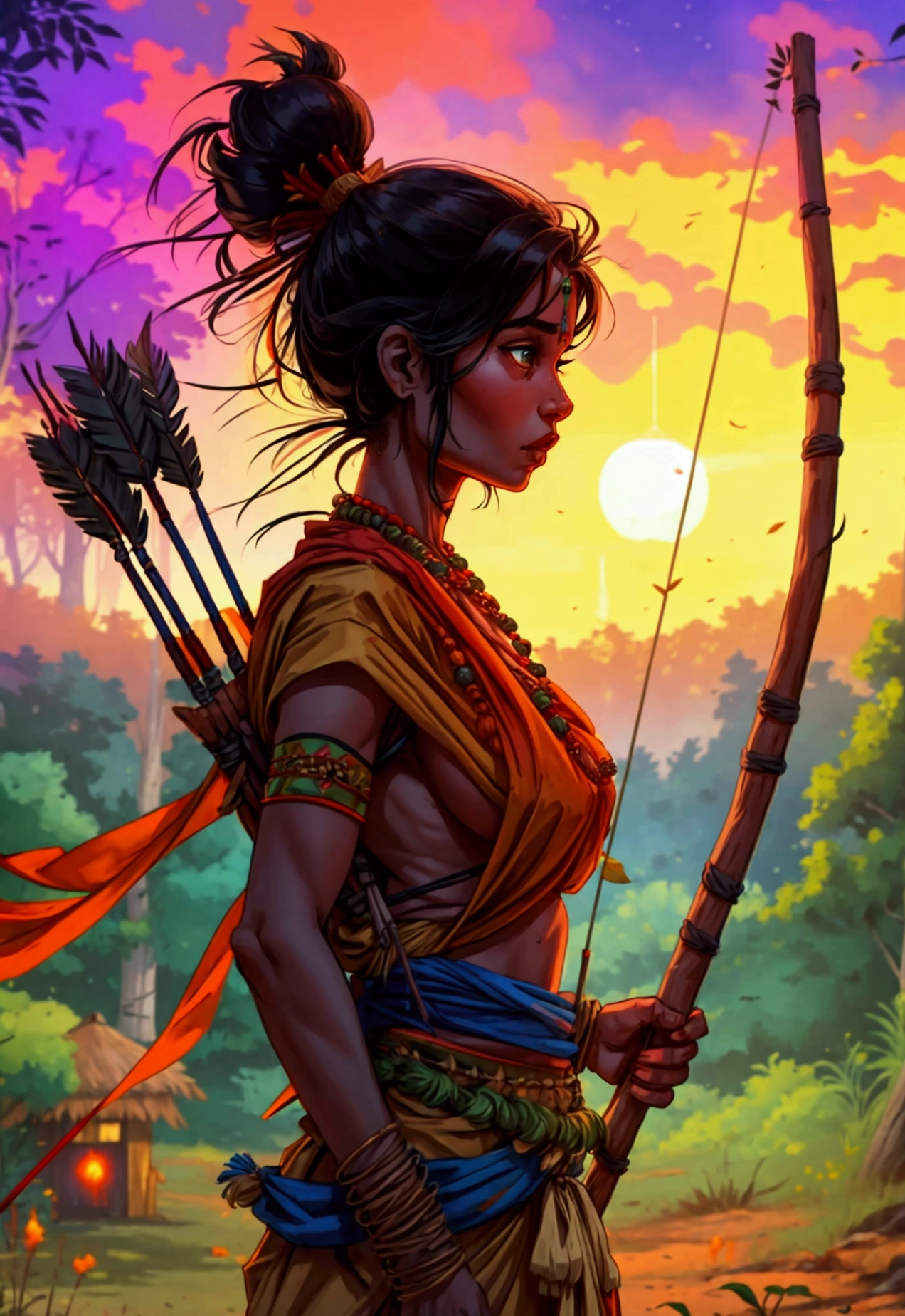 a huge Indian village in the middle of the forest, with spears and bows and arrows on fire with a psychedelic sunset