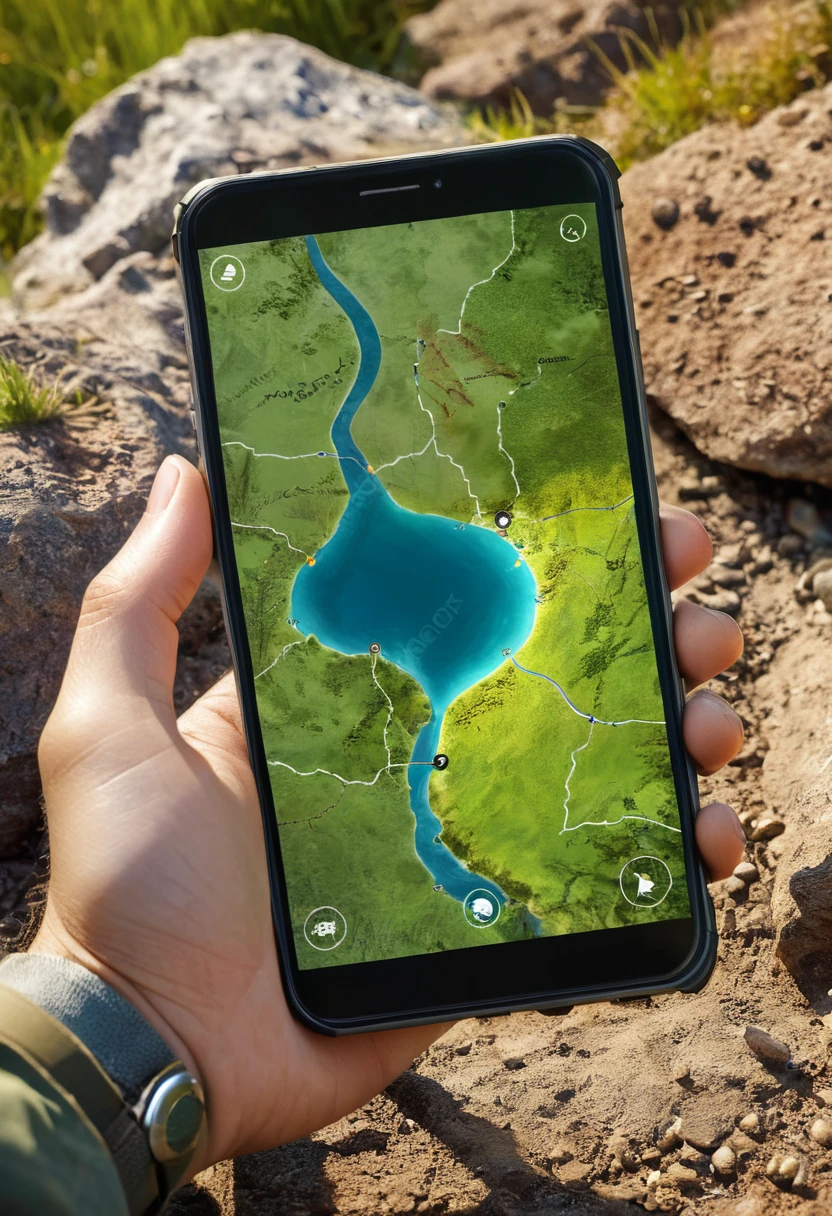 It's very realistic, with a smartphone in your hand and a map displayed on the smartphone screen, There are signs of a fantastic landscape in the depths of the image, outdoor