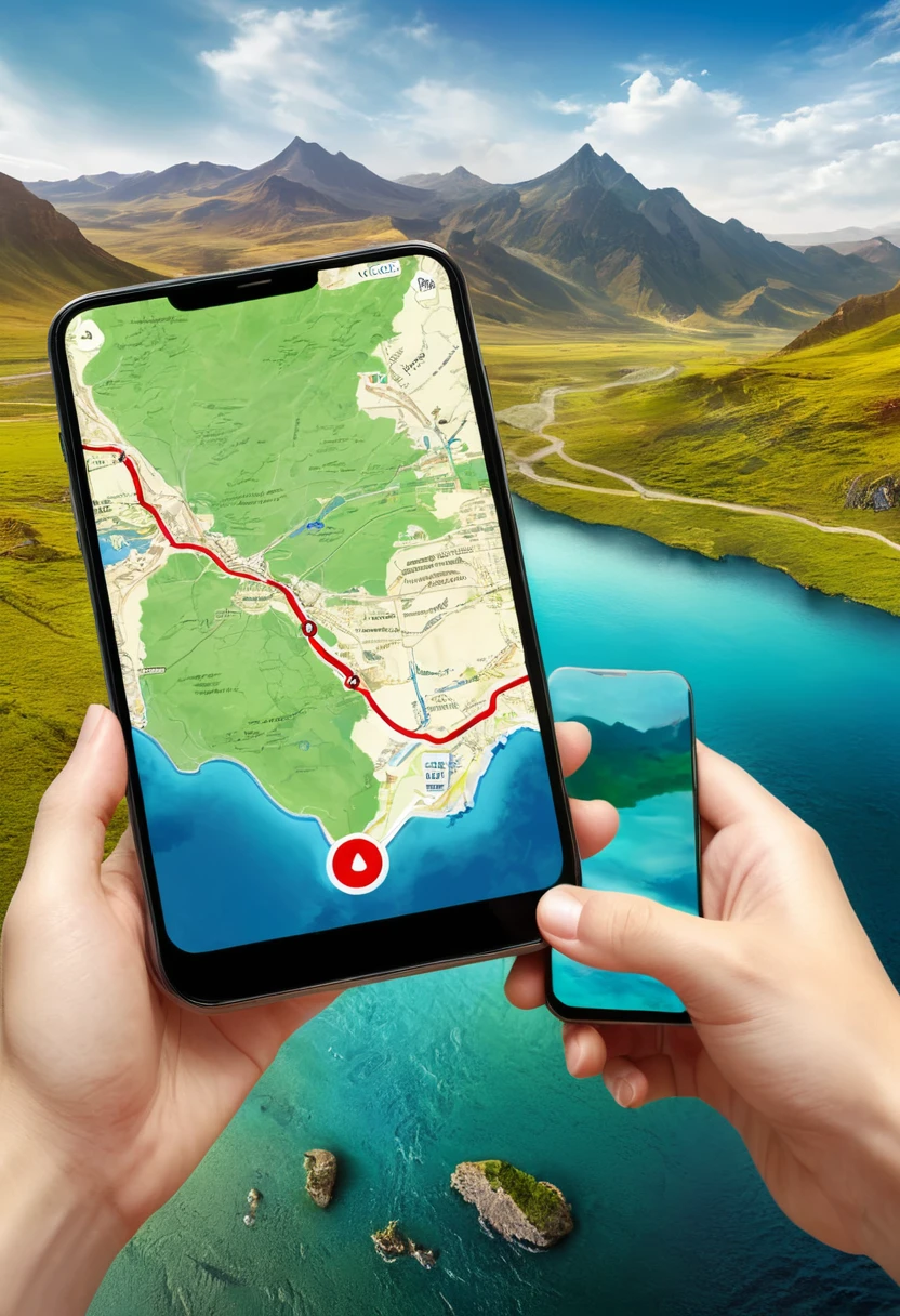 It's very realistic, with a smartphone in your hand and a map displayed on the smartphone screen, There are signs of a fantastic landscape in the depths of the image, outdoor