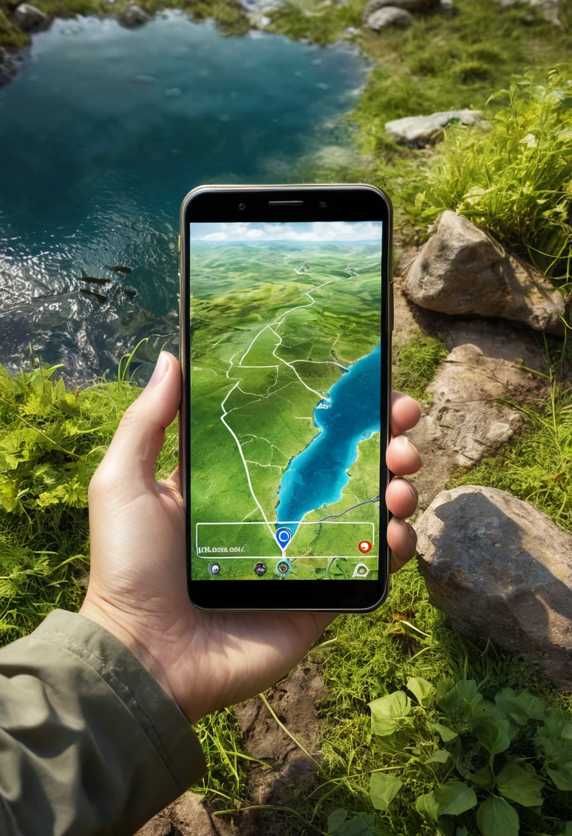 It's very realistic, with a smartphone in your hand and a map displayed on the smartphone screen, There are signs of a fantastic landscape in the depths of the image, outdoor