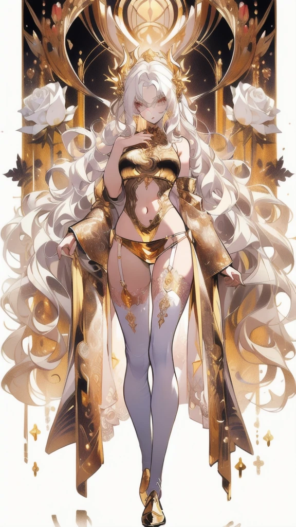 ((masterpiece, best quality)), Delicate face，Dragon Girl，Full body painting，Perfect body proportions，Long legs，((Long wavy hair)), ((Half of her hair is white，The other half is gold，Available in two colors))，beautiful eyes，Fantasy style，White background，Extremely beautiful，knight，Rose，transparent，Sexy bikini，Lace，Garter，exposed