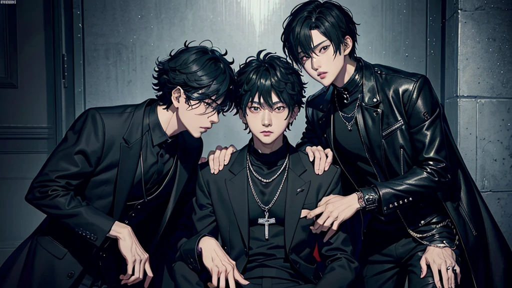 arafed male in a black jacket and a black shirt, jungkook, cai xukun, glossy from rain, hyung tae, style of kentaro miura!!!!, taejune kim, wonbin lee, tetsuya nomura, beads cross onbare chest, jinyoung shin, for gq, in style of kentaro miura, kentaro miura style