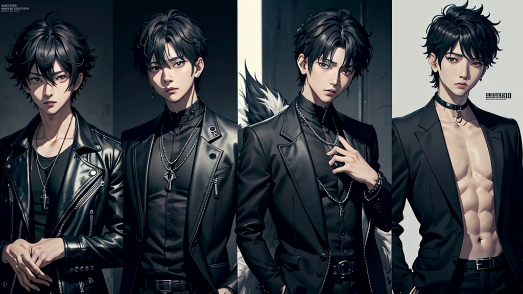 arafed male in a black jacket and a black shirt, jungkook, cai xukun, glossy from rain, hyung tae, style of kentaro miura!!!!, taejune kim, wonbin lee, tetsuya nomura, beads cross onbare chest, jinyoung shin, for gq, in style of kentaro miura, kentaro miura style, one character