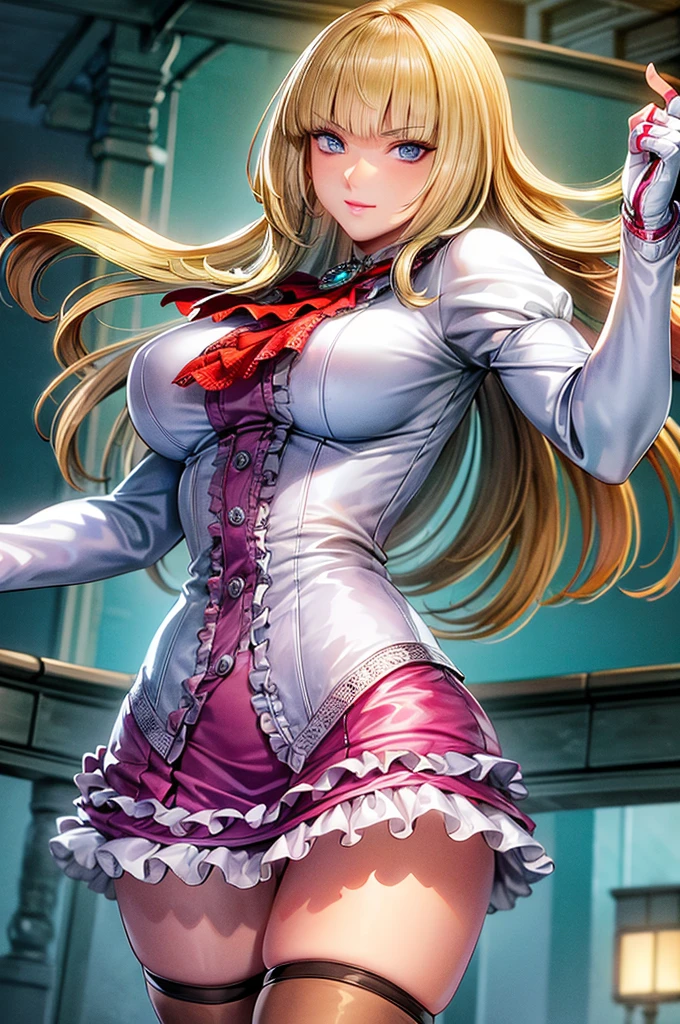 perfect eyes:1.2, detailed eyes:1.4, Emilie T8, blunt bangs, blue eyes, long hair, blonde hair, thighhighs, lace-up boots, pink frilled dress, frilled ascot, fingerless gloves, smile, red eyeshadow:1.2, makeup:1.2, cowboy shot, 1girl, solo, (masterpiece:1.6, best quality), 8k, insane details, intricate details, hyperdetailed, hyper quality, high detail, ultra detailed, professional, HDR, ray tracing reflection, cinematic lighting,
