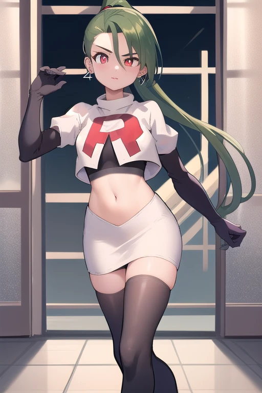 absurdres, best quality, 1girl, solo, eye focus, looking at viewer,  rika, ahoge, ponytail, bright pupils, white pupils, earrings, green hair, red eyes, bright pupils, team rocket,team rocket uniform,white skirt,red letter R,crop top,black thigh-highs,black elbow gloves