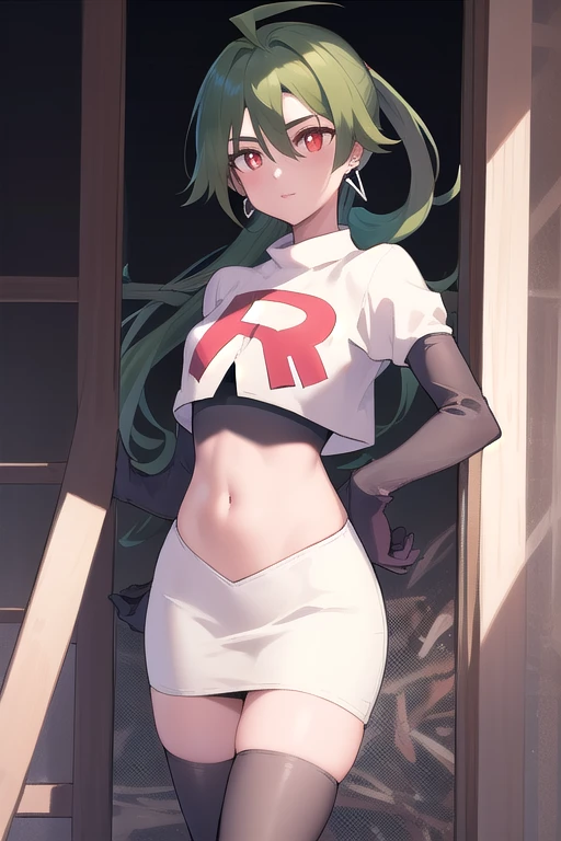 absurdres, best quality, 1girl, solo, eye focus, looking at viewer,  rika, ahoge, ponytail, bright pupils, white pupils, earrings, green hair, red eyes, bright pupils, team rocket,team rocket uniform,white skirt,red letter R,crop top,black thigh-highs,black elbow gloves