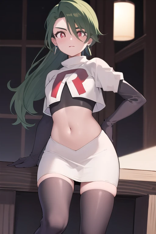 absurdres, best quality, 1girl, solo, eye focus, looking at viewer,  rika, ahoge, ponytail, bright pupils, white pupils, earrings, green hair, red eyes, bright pupils, team rocket,team rocket uniform,white skirt,red letter R,crop top,black thigh-highs,black elbow gloves