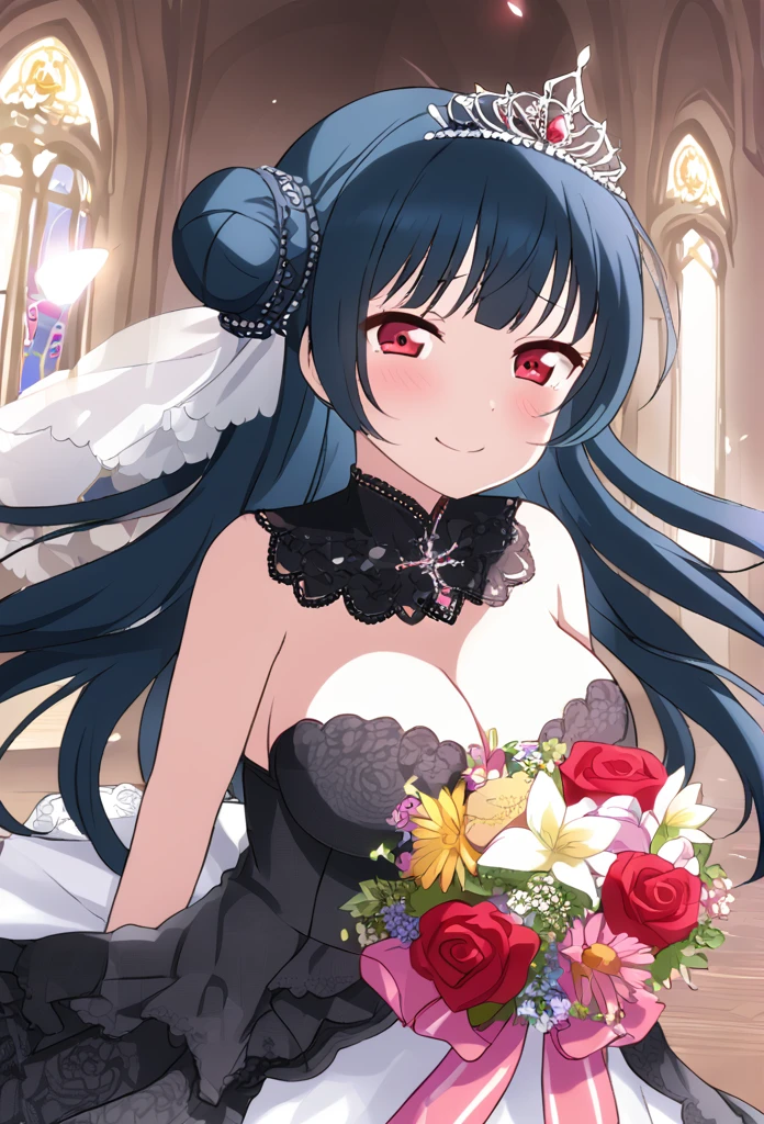 Yoshiko Tsushima Blue Hair Red Eye Semi-long hair One-sided bun hairstyle Black Wedding Dress Bouquet of red roses Red rose decorated dress smile Huge breasts Cleavage church Tears of joy tiara Tears Shining