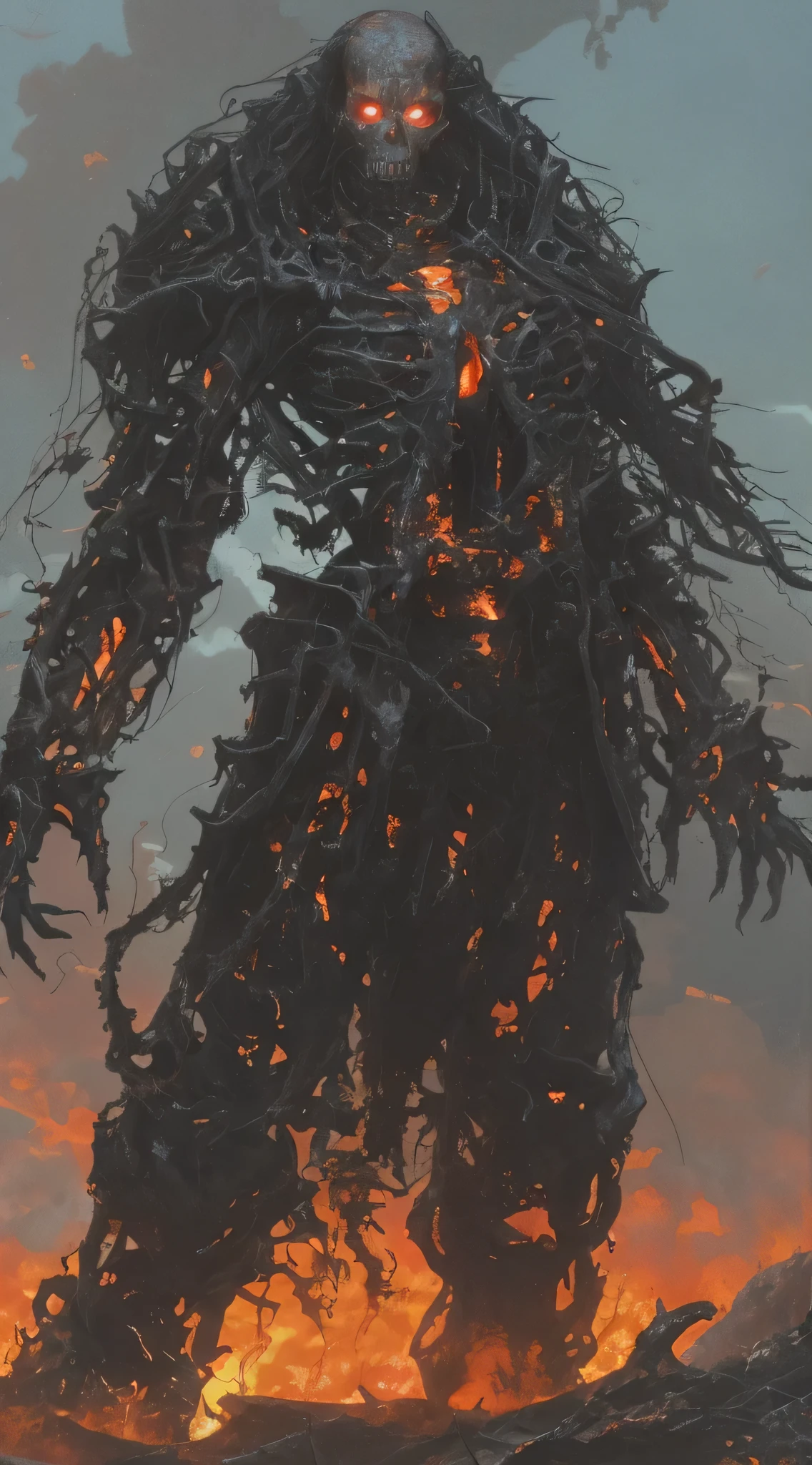 A sinister demon with elongated, skeletal features, glowing red eyes, and sharp, jagged teeth, with dark, cracked skin and long, bony fingers, standing in a desolate, fiery landscape. Super-realistic style