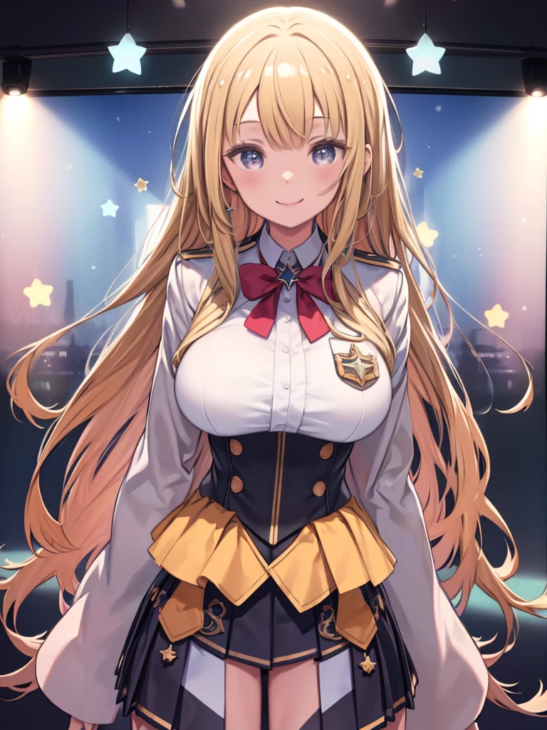 One Girl、Blonde、long hair、Star-shaped eyes、Bouncy hair、Big Breasts、Huge breasts、uniform、ブレザーuniform、Handbags、Pleated skirt、mini skirt、Holding a TV remote control、Smiling、Watching the audience、Leaning forward、Upper Body、