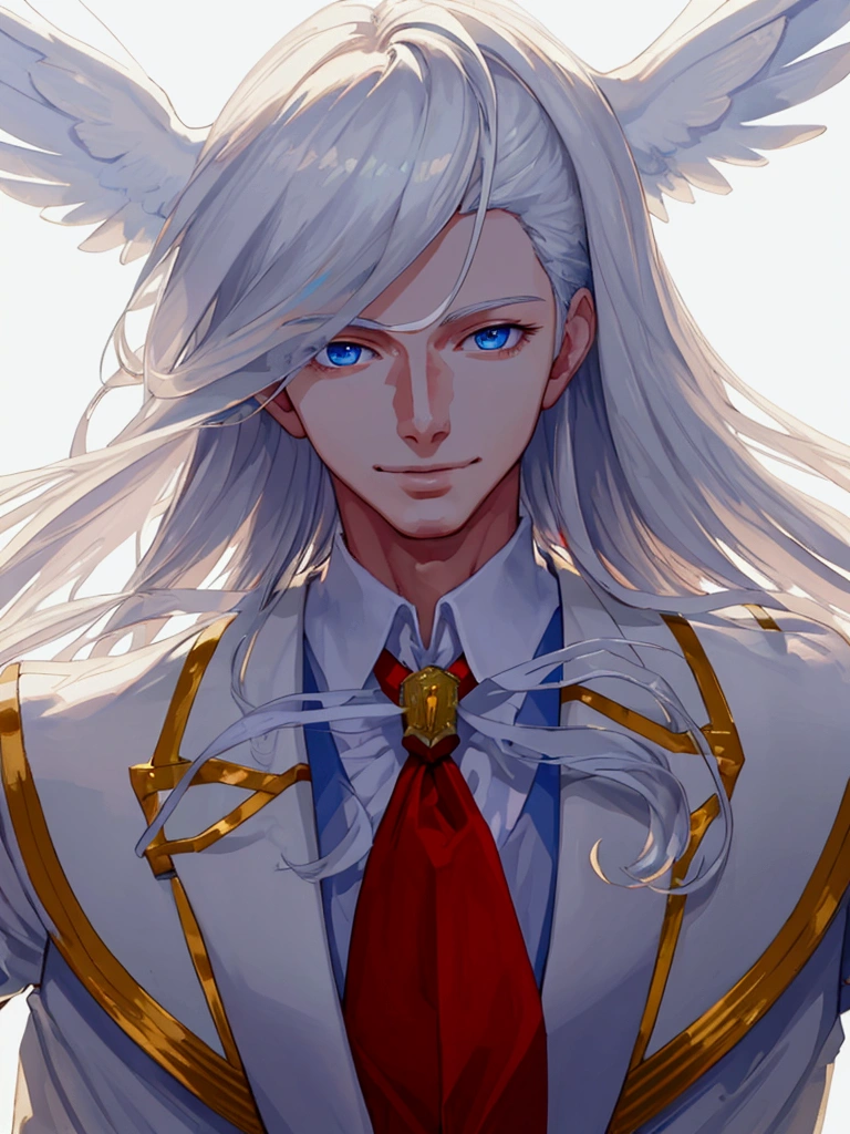 ((masterpiece)), ((best quality)), (from front, facing front:1.32), (close-up:1.4), (half-body shot:1.36), perfect anatomy, 1man solo, adult man, extremely long straight white hair, blue eyes, white suit, red tie, very weak smile, lighting from front