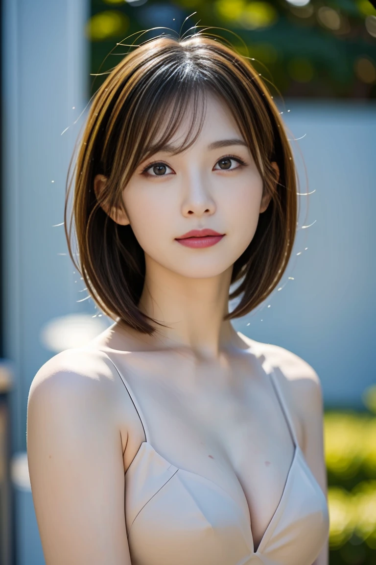 (Highly realistic photo, high resolution, detailed face, fine eyes), Shot in front of a white wall, Japanese woman, 40 years old, various expressions, One person: 1, Slim figure, various hairstyles, One person in the photo, Shot in natural light, Simple necklace, Summer clothes, Not looking at the camera, Profile, Dark brown hair color, Fresh smile, Sexy clothes with a lot of exposure,