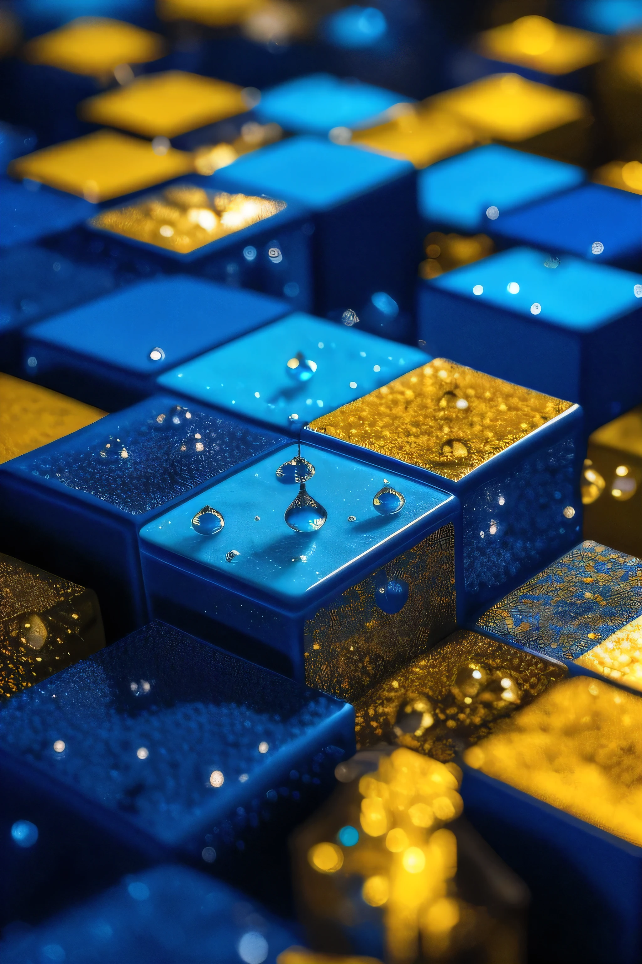 Blue, blocks, square, ornaments, drops, 8k, real art, blue, yellow colors, ink, night shift, tubular, sharpness, high detail, smooth texture, total focus, abstract