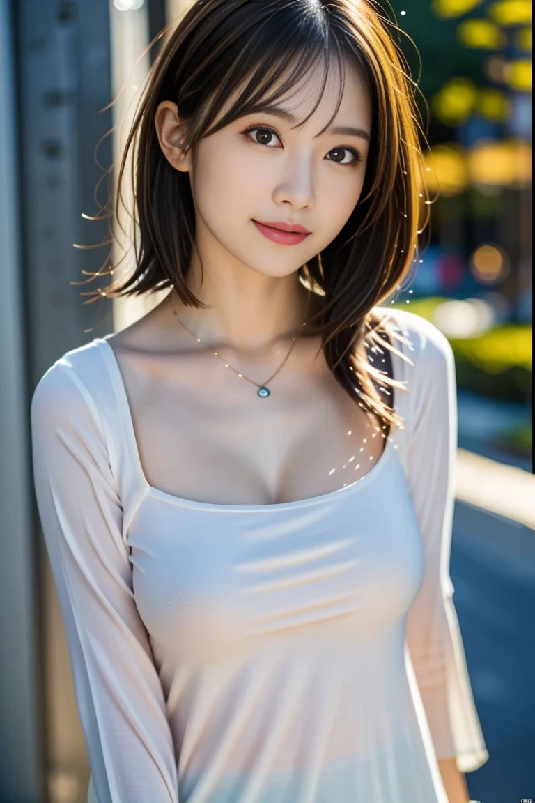 (Highly realistic photo, high resolution, detailed face, fine eyes), Shot in front of a white wall, Japanese woman, 40 years old, various expressions, One person: 1, Slim figure, various hairstyles, One person in the photo, Shot in natural light, Simple necklace, Summer clothes, Not looking at the camera, Profile, Dark brown hair color, Fresh smile, Sexy clothes with a lot of exposure,