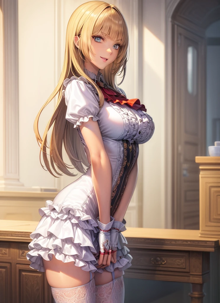 perfect eyes:1.2, detailed eyes:1.4, Emilie T8, blunt bangs, blue eyes, long hair, blonde hair, thighhighs, lace-up boots, pink frilled dress, frilled ascot, fingerless gloves, smile, red eyeshadow:1.2, makeup:1.2, cowboy shot, 1girl, solo, (masterpiece:1.6, best quality), 8k, insane details, intricate details, hyperdetailed, hyper quality, high detail, ultra detailed, professional, HDR, ray tracing reflection, cinematic lighting,
