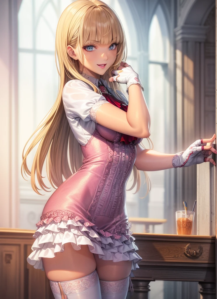 perfect eyes:1.2, detailed eyes:1.4, Emilie T8, blunt bangs, blue eyes, long hair, blonde hair, thighhighs, lace-up boots, pink frilled dress, frilled ascot, fingerless gloves, smile, red eyeshadow:1.2, makeup:1.2, cowboy shot, 1girl, solo, (masterpiece:1.6, best quality), 8k, insane details, intricate details, hyperdetailed, hyper quality, high detail, ultra detailed, professional, HDR, ray tracing reflection, cinematic lighting,
