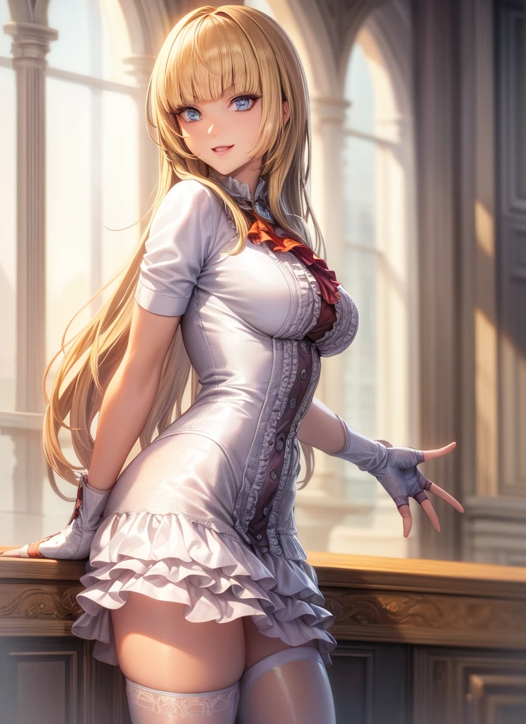 perfect eyes:1.2, detailed eyes:1.4, Emilie T8, blunt bangs, blue eyes, long hair, blonde hair, thighhighs, lace-up boots, pink frilled dress, frilled ascot, fingerless gloves, smile, red eyeshadow:1.2, makeup:1.2, cowboy shot, 1girl, solo, (masterpiece:1.6, best quality), 8k, insane details, intricate details, hyperdetailed, hyper quality, high detail, ultra detailed, professional, HDR, ray tracing reflection, cinematic lighting,
