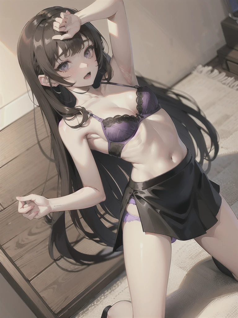 good girl, young skinny body, white shirt, black skirt, purple panties, unbuttoned shirt, bra loose, small , long hair, dark hair, shy, armpit, kneeling