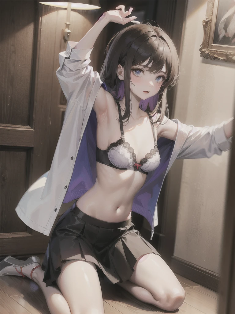 good girl, young skinny body, white shirt, black skirt, purple panties, unbuttoned shirt, bra loose, small , long hair, dark hair, shy, armpit, kneeling
