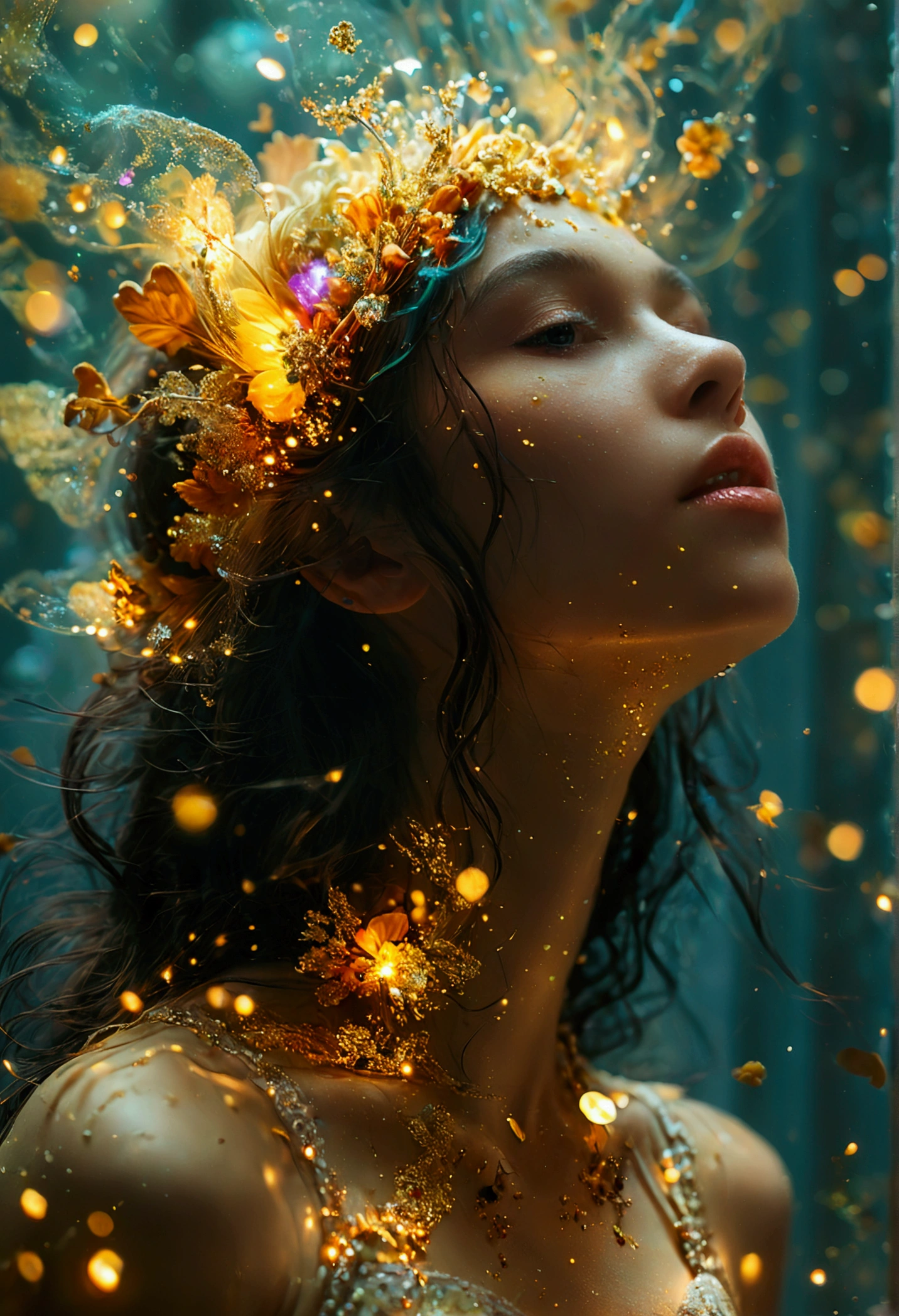 (The girl&#39;s body melts into particles of light:1.4), silhouette、Grains of light stretching across the screen, Colorful particles、女性の体のsilhouette、color々なcolorの星の背景、diego gisbert lawrence、Joe San Gonzalez Dan Mumford、Picture book illustrations、Psychedelic Art、Starry Sky、nebula、vague、superwide shot、Highest quality、Ultra-detailed、Intensive、Golden ratio composition、