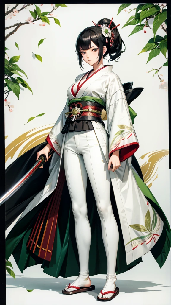 Black hair geisha hairstyle adult women,White green leaf pattern kimono,cleavage,White socks,slippers,Japanese samurai sword,Standing,Japanese shogunate era streets