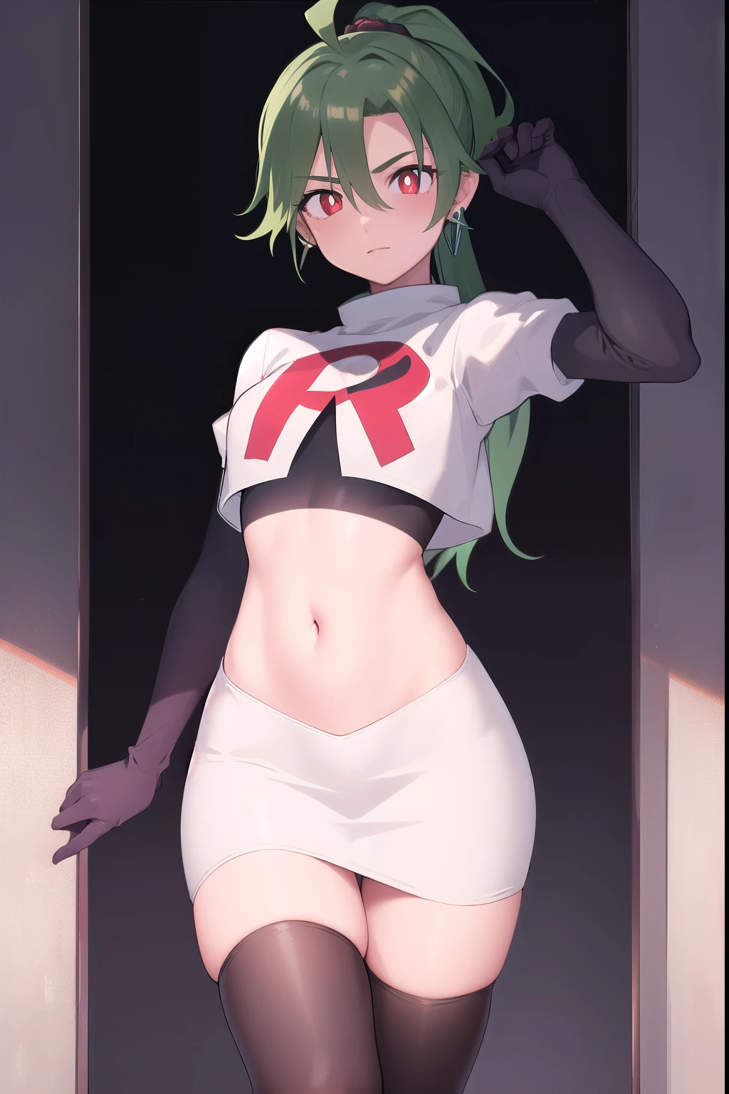 absurdres, best quality, 1girl, solo, eye focus, looking at viewer,  rika, ahoge, ponytail, bright pupils, white pupils, earrings, green hair, red eyes, bright pupils, team rocket,team rocket uniform,white skirt,red letter R,crop top,black thigh-highs,black elbow gloves