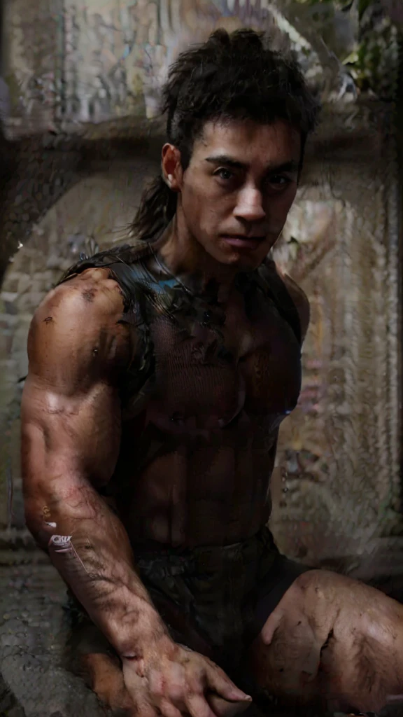 A massive, muscular man with long, wild black hair in a messy ponytail, intense piercing eyes, a strong jawline and thick lips, his powerful upper body covered in intricate tattoos, thick muscular legs in tight black leather shorts, large veiny hands with neatly trimmed nails, and bare feet planted firmly on the ground, (best quality,4k,8k,highres,masterpiece:1.2),ultra-detailed,(realistic,photorealistic,photo-realistic:1.37),hyper detailed, extremely detailed face and body, cinematic lighting, dramatic lighting, dark moody atmosphere, moody and brooding expression, powerful and imposing figure, dark fantasy, dark sci-fi, highly realistic, dramatic pose, chiaroscuro lighting, dramatic shadows