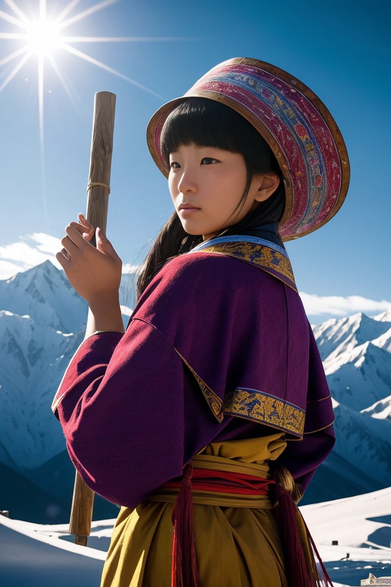 surrealism, Verism, Chiaroscuro, Depth of field, Cinematic lighting, movie picture quality,strong contrast of light and shadow,back lit lighting, filmgrain, hyper HD, Masterpiece, ccurate, Textured skin, Super detail, High details, High quality, Best quality, A high resolution, 8K,The scene is the scenery of the Qinghai-Tibet Plateau,There are snowy mountains,prayer flags,wooden cabin,「A beautiful 28-year-old Tibetan girl」,The costumes are Tibetan art costumes,Photographic style