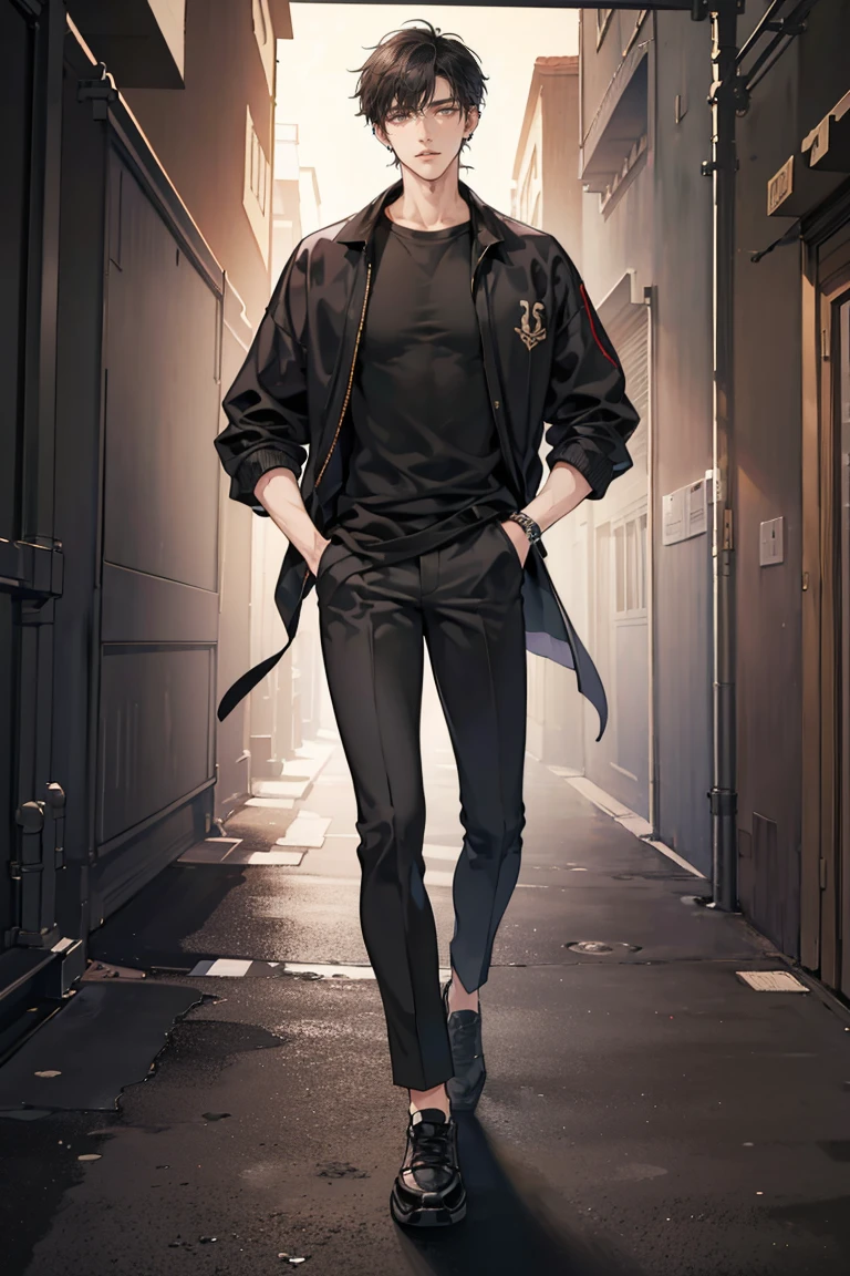 (masterpiece), best quality, seductive eyes, perfect face, handsome man, brown eyes, long sleek tied black hair, long nose, plain grey t-shirt, volleyball jacket, black fitted pants, full body, tall man, long legs, long calves, anime cover, 1boy, ear piercings, hands in pockets, adult-like look
