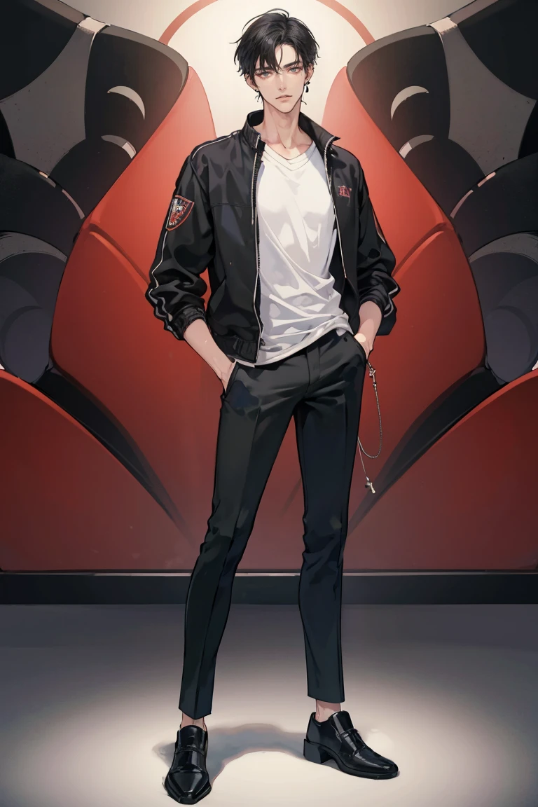 (masterpiece), best quality, seductive eyes, perfect face, handsome man, brown eyes, long sleek tied black hair, long nose, plain grey t-shirt, volleyball jacket, black fitted pants, full body, tall man, long legs, long calves, anime cover, 1boy, ear piercings, hands in pockets, adult-like look