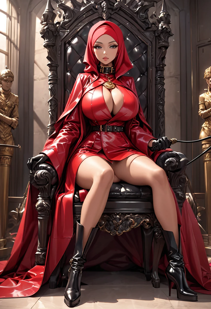 Femdom pretty hijab girl with huge breast, upper class, luxury, triad female leader, Known for her impeccable fashion sense and elegant demeanor, she is a true embodiment of the Versace brand. Her body language is as captivating as her style dressed all red rubber trench coat with (((dramatic high coat collar))) (((big and wide coat collar))), leather gloves and boots, elegant sit on big throne, holding a whip, in torture room with her slaves, worshiped by naked chained men