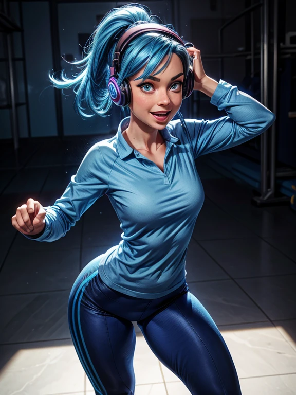 a woman with blue hair, fair skin, blue eyes, wearing a blue long-sleeved shirt, blue headphones, ankle socks, strong legs. expression of joy, happiness, dynamic pose.