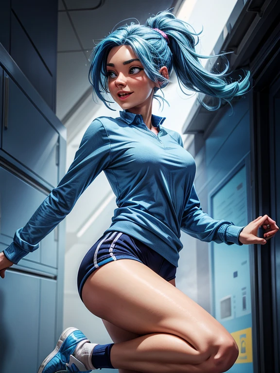 a woman with blue hair, fair skin, blue eyes, wearing a blue long-sleeved shirt, blue headphones, ankle socks, strong legs. expression of joy, happiness, dynamic pose.