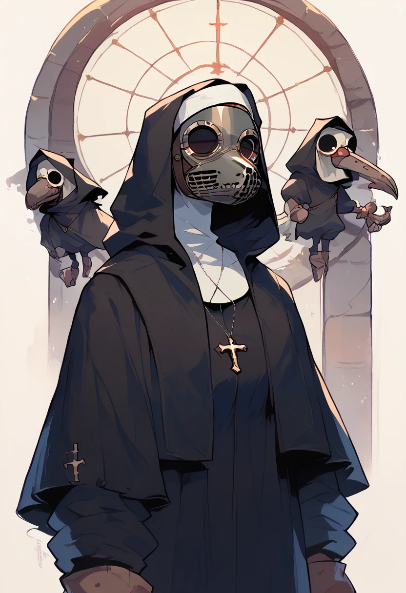 Plague doctor, 1 girl, standing alone, hooded cloak, mask, mitts, with no face, Plague doctor mask, Cao Cao, (nun clothes)