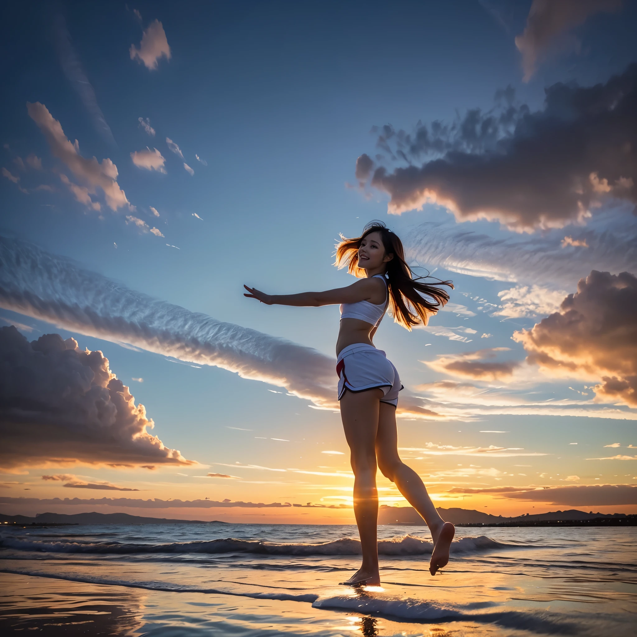 ((ExtremelyDetailed ( KAWAII Girl Floating:1.37) in WHITE at Dusk Enoshima Beach)), (masterpiece 8K TopQuality) (ProfessionalPhoto:1.37), {(Standing Full Body:1.2)|(from below:1.2)}, Different types of hair colors, {(White skinny(School Swimwear))|(SchoolUniform with WhiteSkinny LowRise shorts)}, {Detailed Childish hand|Hidden hand|Armpit|Different types of breasts of various sizes from HUGE to FLAT|(Clearly Visible the shape of Butt)}, Joyful Expressions LifeLike Rendering, PerfectLighting, Dazzling Horizon {Colorful Clouds | Starry IridescentParticles} PerfectLighting (Acutance:0.8)